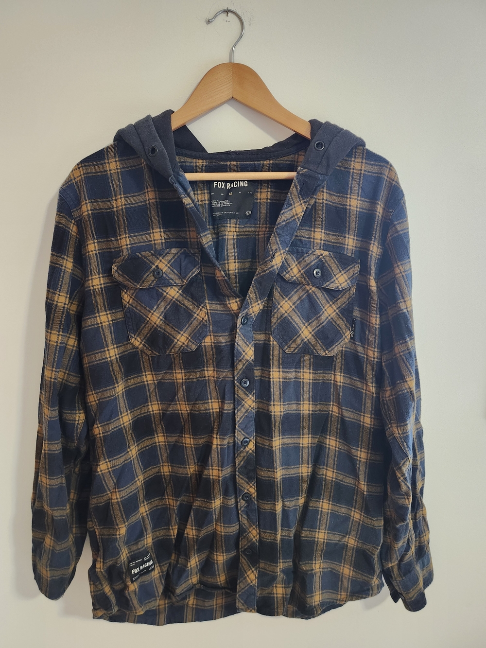Fox Men's Navy & Tan Plaid Hooded Flannel Shirt Jacket